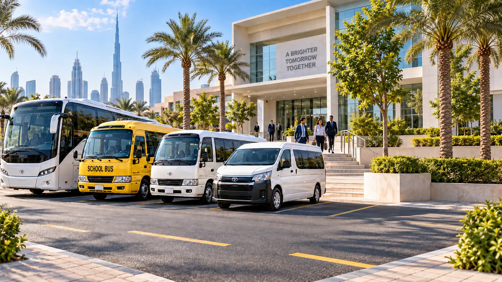 Mixed bus fleet in Al Quoz Dubai — coach, coaster, minibus and van